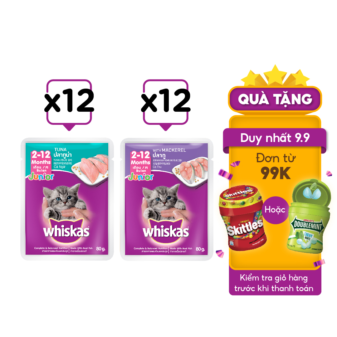 Combo 24 túi mix 2 vị thức ăn pate cho mèo con Whiskas 80g/túi