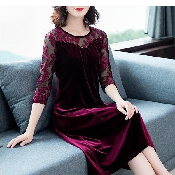 [HCM]Đầm Trung niên nhung phối ren cao cấp - lindashop