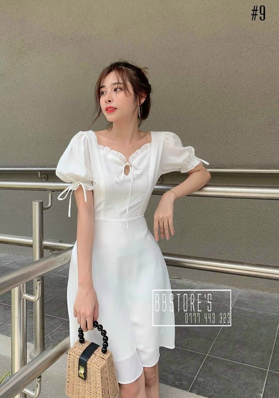 [HCM]Đầm Xòe Cổ Tim Nhún Bèo Phối Tay Phồng Rút Dây Ôm Dáng Dự Tiệc Hẹn Hò Siêu Xinh .Qc