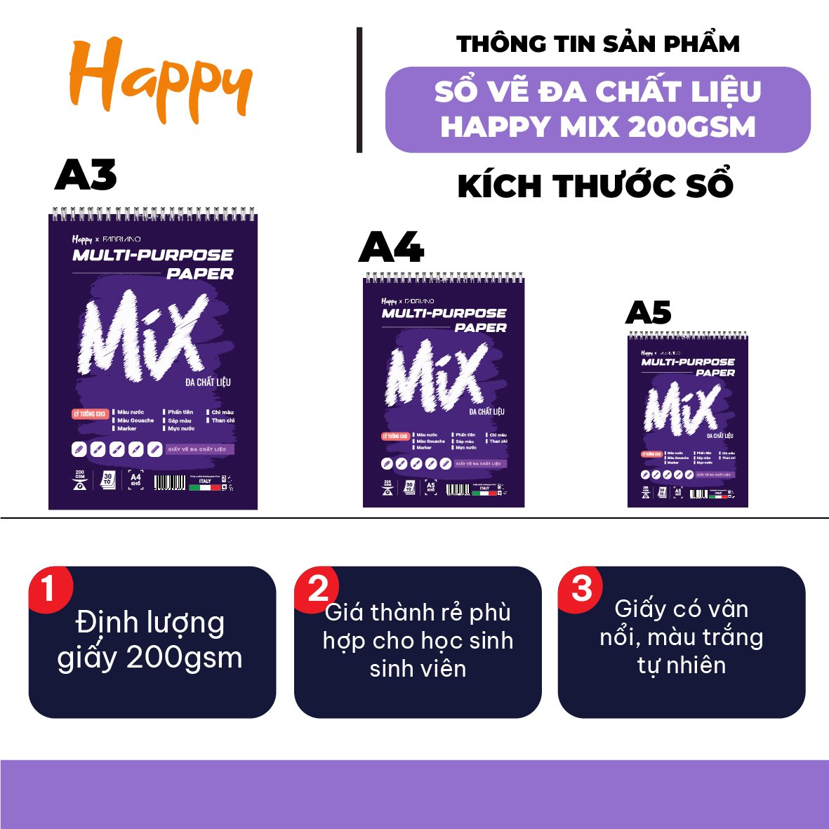 [DA ĐEN] Sổ Vẽ Đa Chất Liệu Happy Multi Purpose 200gsm 30 Tờ