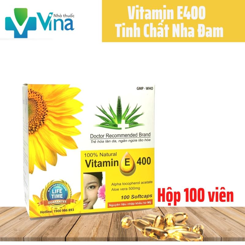 Vitamin E400 Kèm Tinh Chất Nha Đam - Giúp sáng đẹp da Hộp 100 viên nhập khẩu