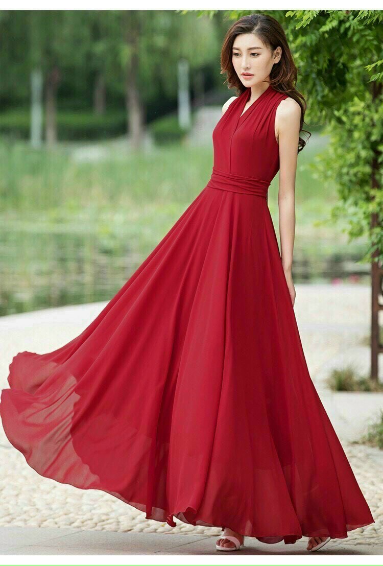 đầm maxi đỏ dài cổ v sang trọng