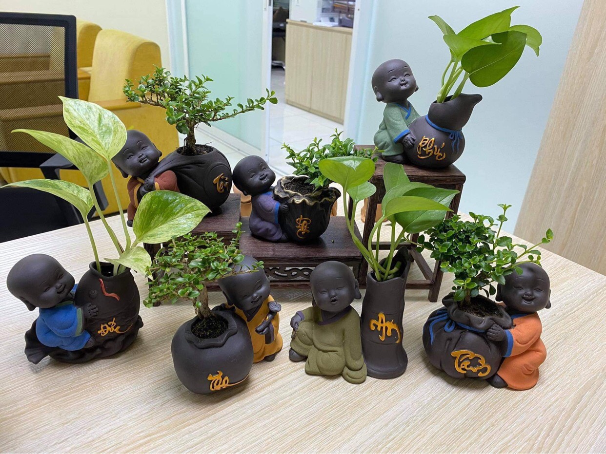 COMBO 7 tượng chú tiểu trồng cây TÀI ĐỨC AN TÂM PHÚC LỘC THỌ, Trồng cây, cắm hoa để bàn