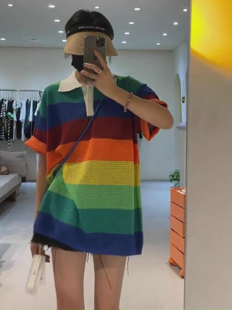 Áo len kẻ ngang vân trám oversize form thụng giấu quần