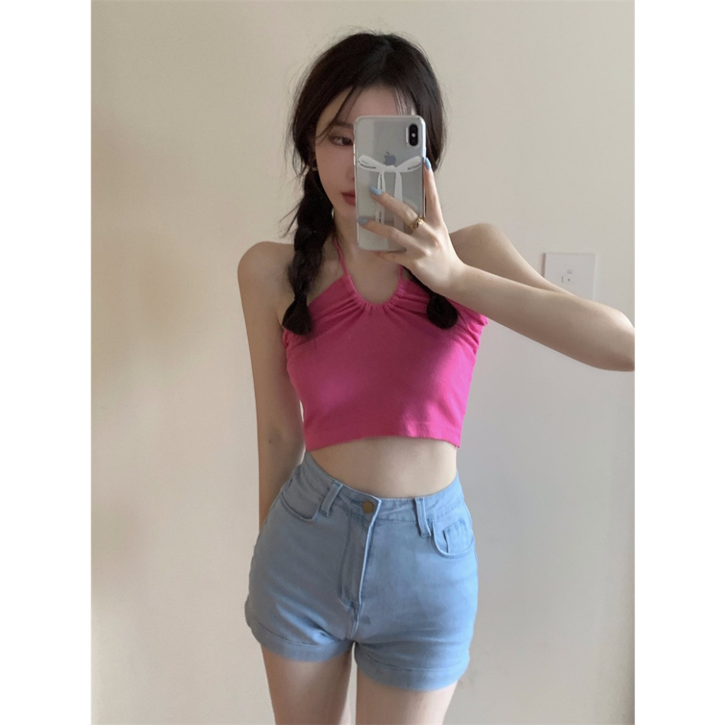 Bộ Áo Croptop Nữ Dài Tay Chạy Viền In Chữ Barbie Kèm Áo Yếm 2 Màu