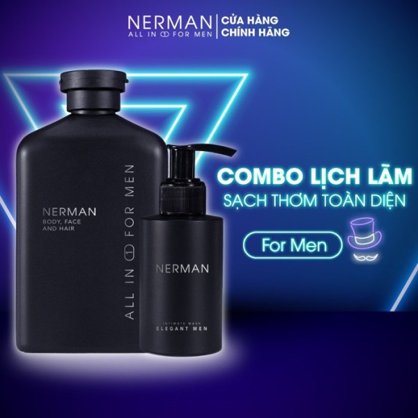 Combo lịch lãm Nerman - Sữa tắm gội Gentleman 3in1 hương nước hoa cao cấp 350ml & Gel vệ sinh nam Elegant 50g