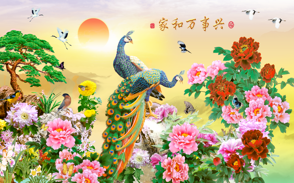 Tranh dán tường 3d con công phòng khách, phòng ngủ đẹp