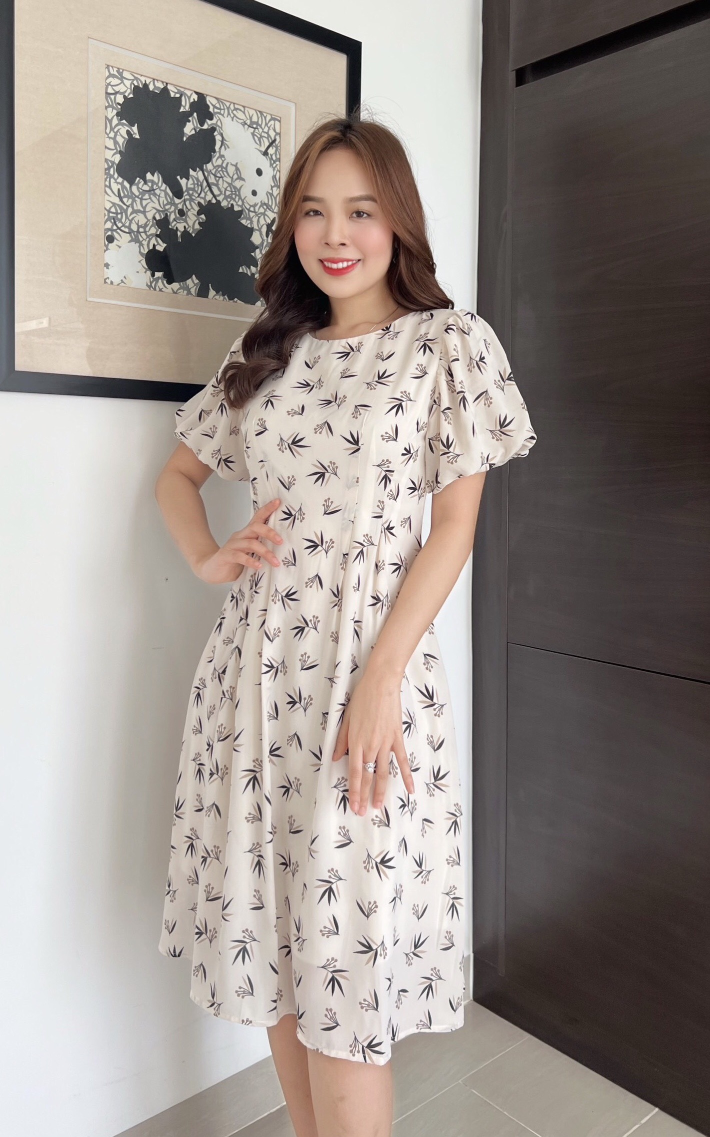 Đầm xòe hoa tay bồng xếp ly eo - MS0230