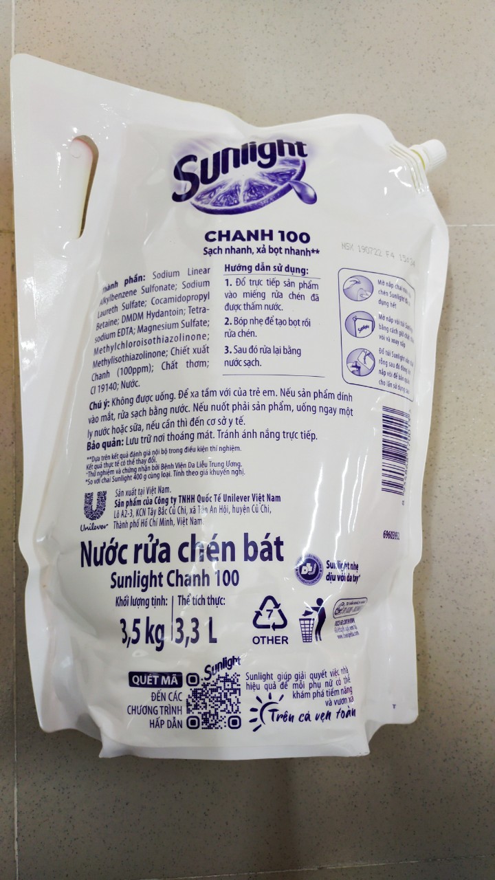 [New Product] Sunlight Lemon Dishwashing Liquid 100 Bags 3.1 kg