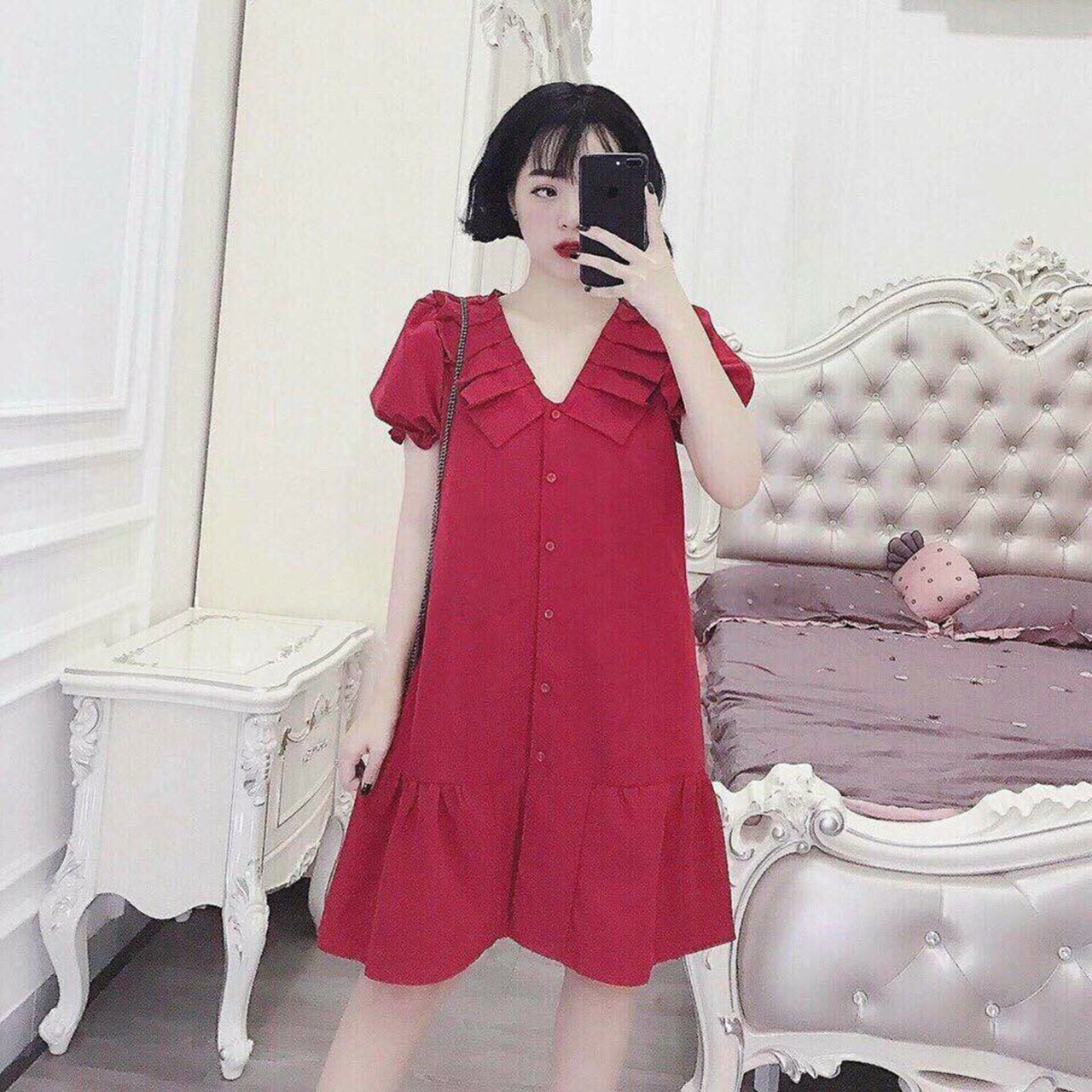 Đầm bầu suông xếp ly cổ