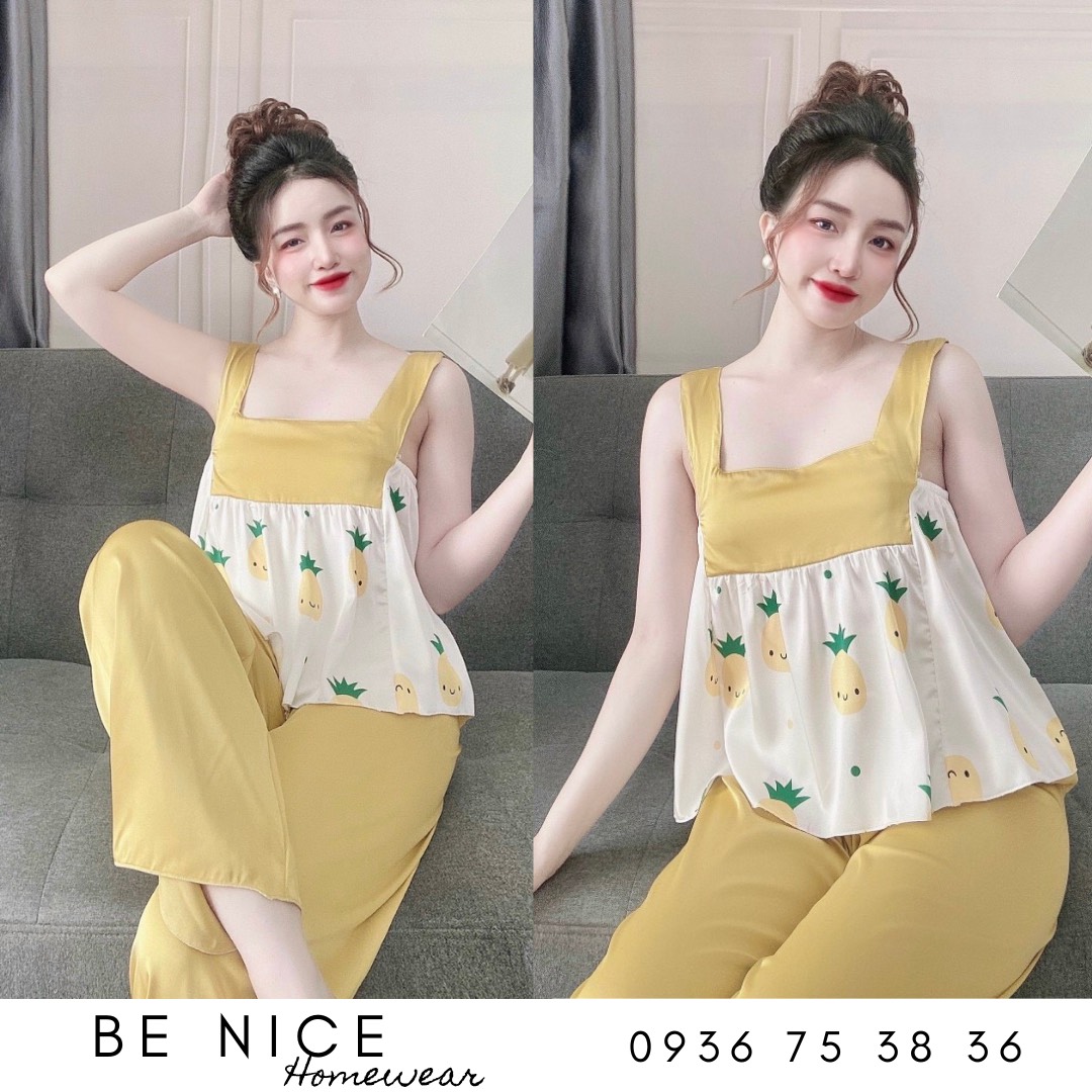 Set lụa dài mặc nhà cổ vuông bản to