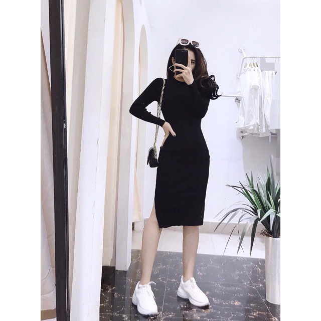Váy body thun gân xẻ hông