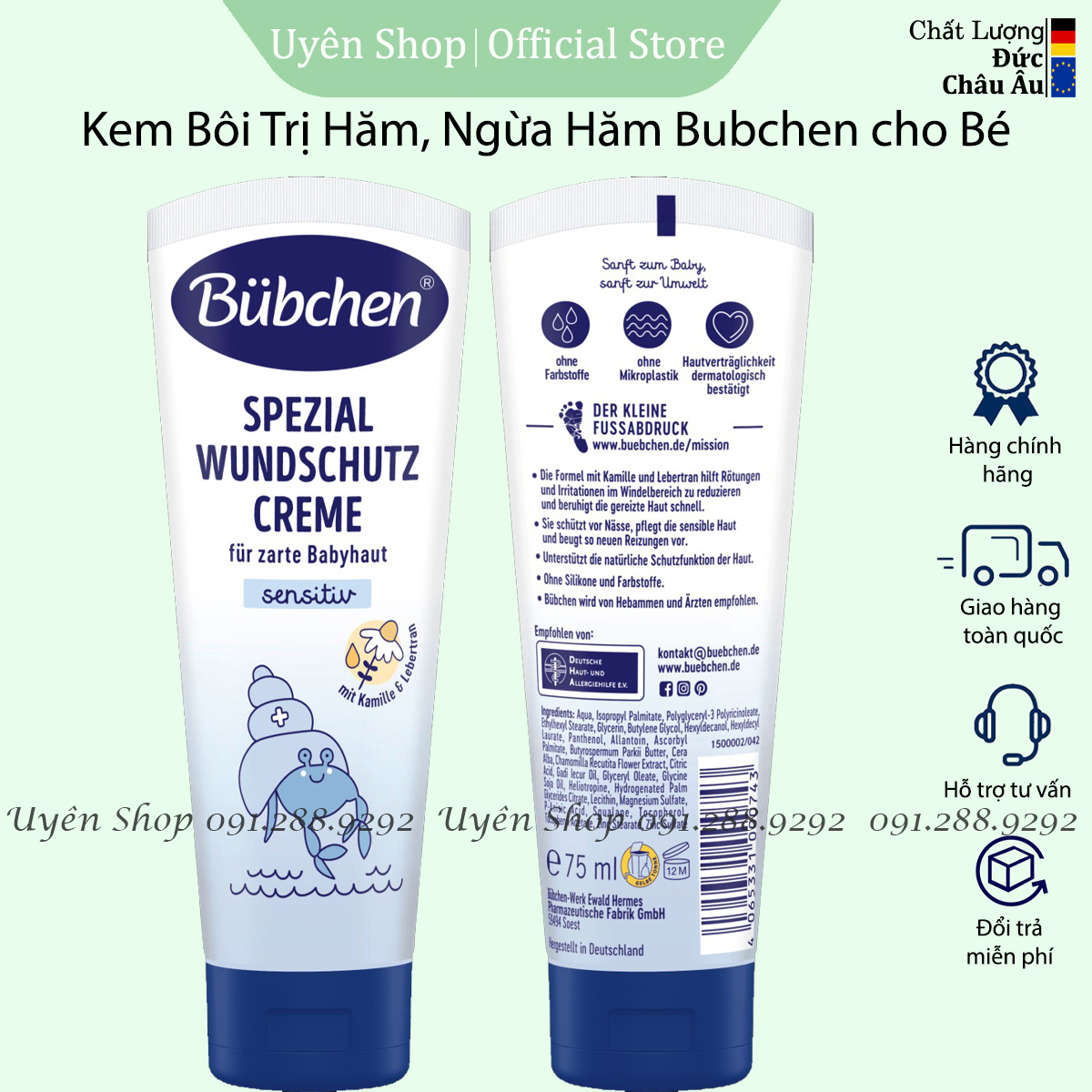 Kem Ngừa hăm Bubchen HÀNG ĐỨC, Ngừa Hăm Hiệu Quả, Làm Dịu Da bị Kích Ứng cho Trẻ Sơ Sinh, 75ml
