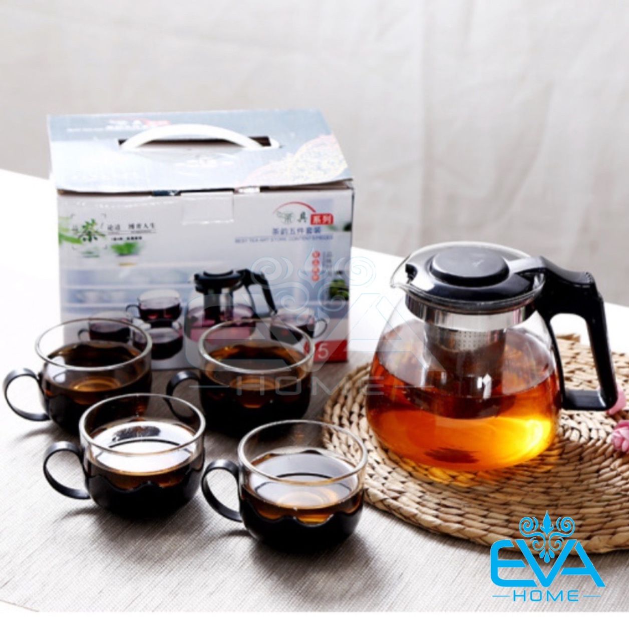 Bộ Bình Pha Trà Thủy Tinh Lưới Lọc Inox kèm 4 Ly Tách Cao Cấp M3126