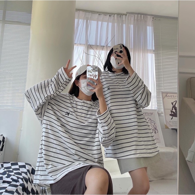 [SW7] KIM- Áo nỉ kẻ trắng đen - Striped Sweater