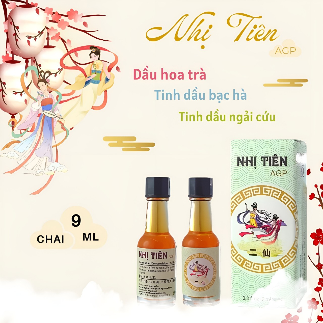 DẦU GIÓ NHỊ TIÊN (DẦU HOA TRÀ + TINH DẦU BẠC HÀ + TINH DẦU NGẢI CỨU)