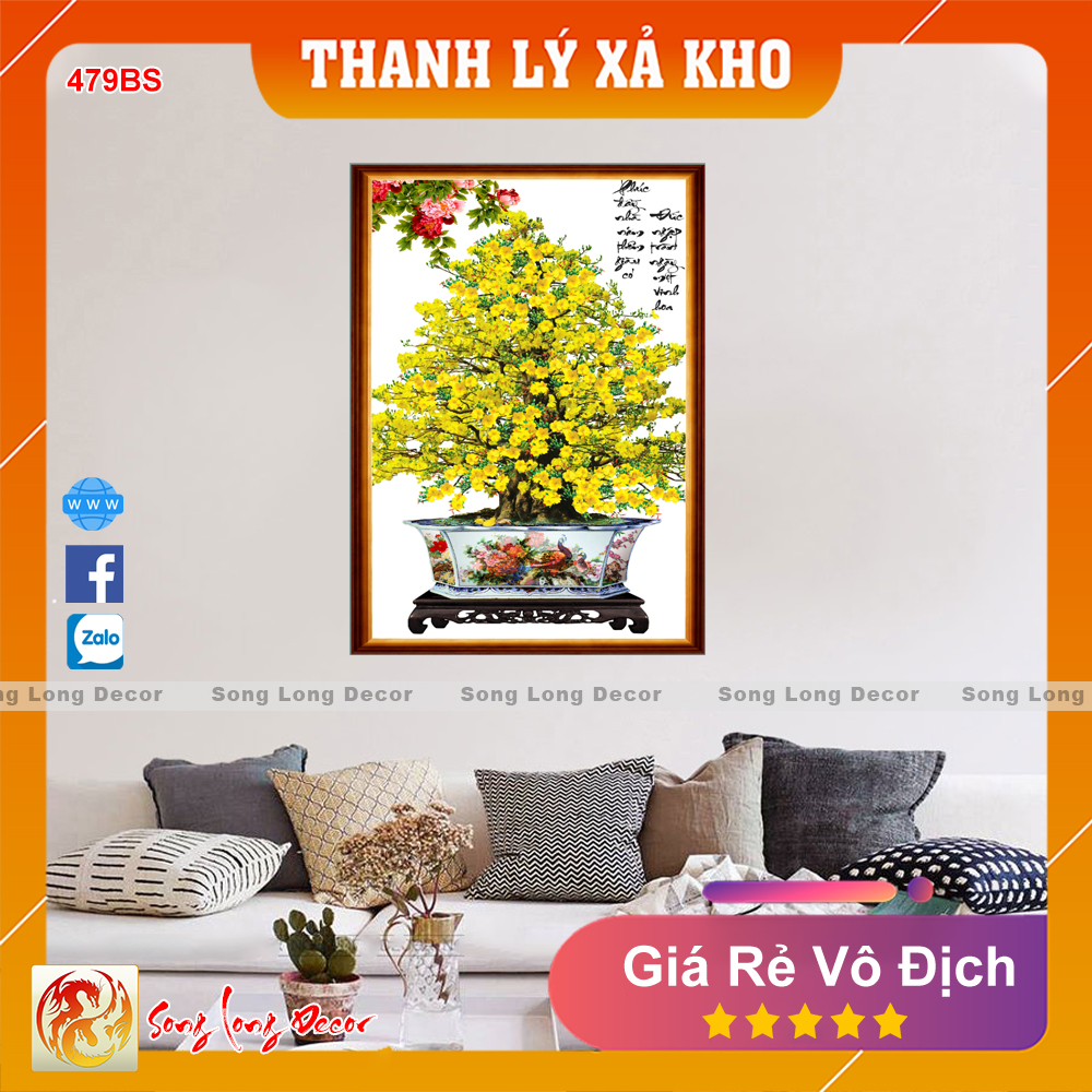 Tranh dán tường 3d bon sai hoa mai - tranh 3d phong thủy ngày tết - giấy dán tường 3d - song long decor - 479bs