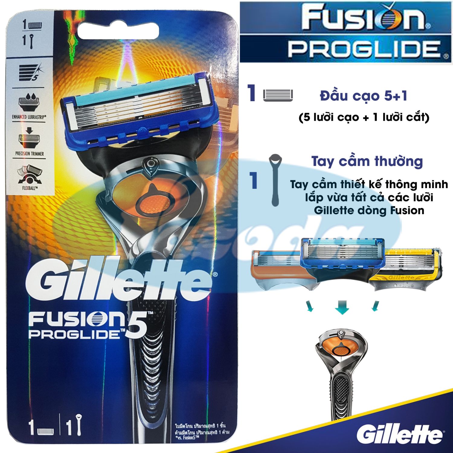 Dao cạo râu 5 lưỡi Gillette Fusion5 Proglide (1 tay cầm xoay chiều và 1 đầu cạo 5+1)