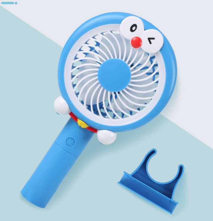 Quạt mini cầm tay có đế mẫu kitty,doremon có đèn led