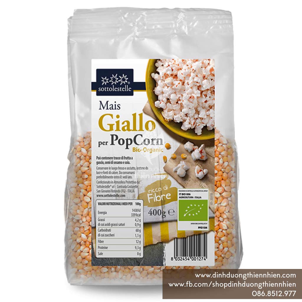 Hạt Bỏng Ngô Vàng Hữu Cơ Sottolestelle Organic PopCorn, 400g
