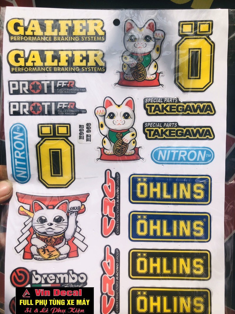 Tấm Tem dán xe chữ GALFER, CON MÈO MAY MẮN,LOGO OHLINS - Vindecal BD