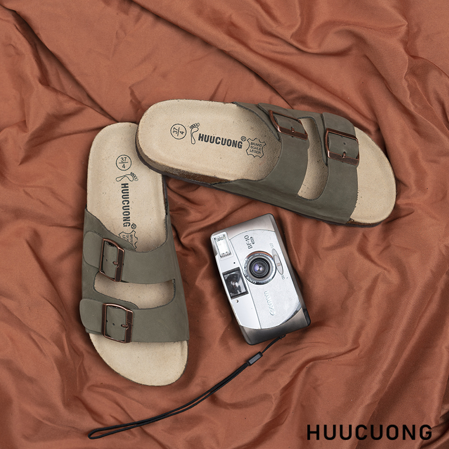 Dép unisex 2 khóa da bò rêu đế trấu