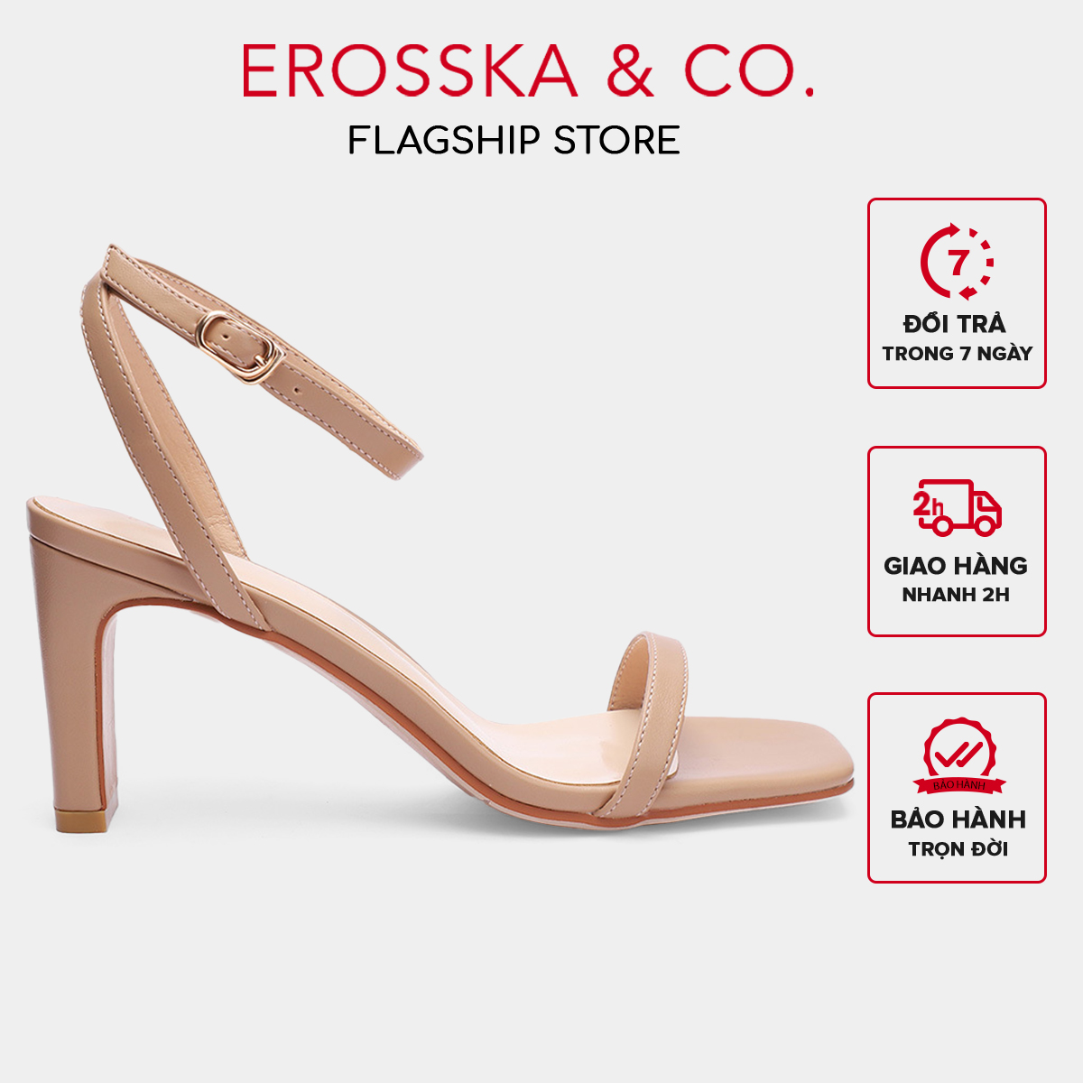 Erosska - Giày sandal cao gót nữ mũi vuông quai mảnh cao 8cm màu nude - EB054