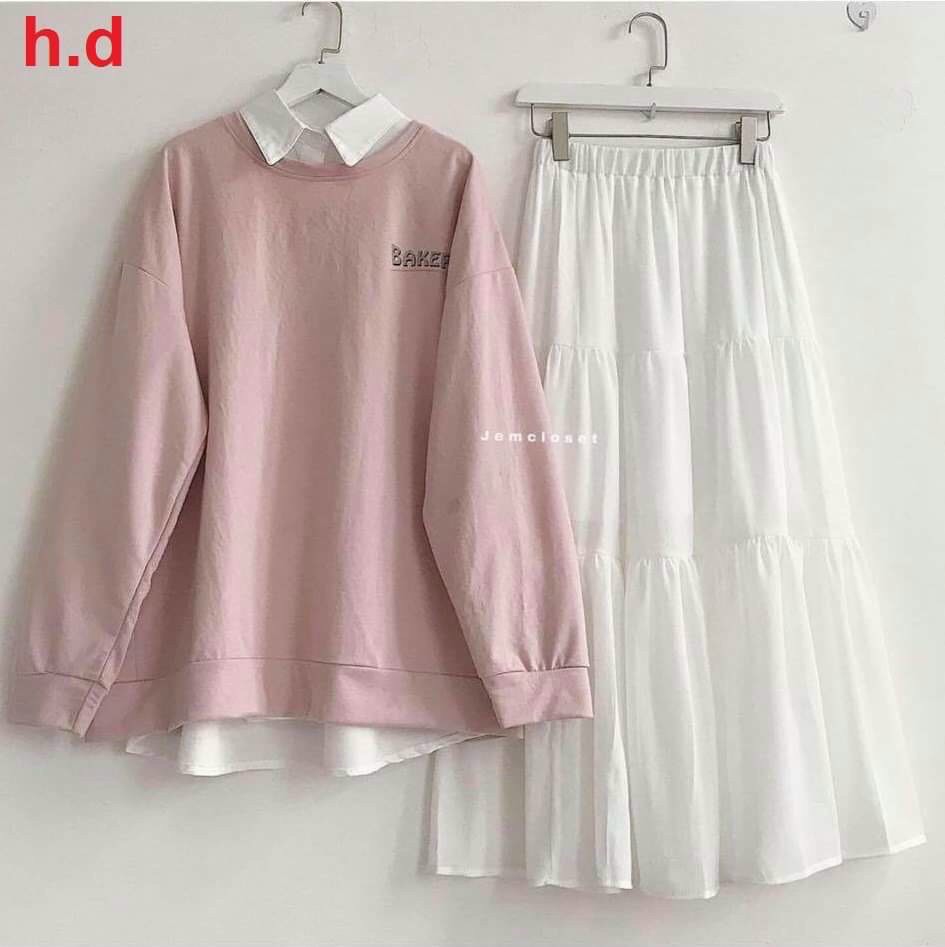 Sét 3 món áo nỉ hồng, sơ mi bên trong và chân váy 3 tầng phối đồ đa dạng