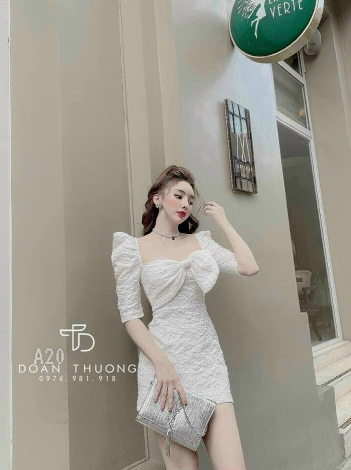 Đầm gấm nơ tay phồng-ZU#damnu