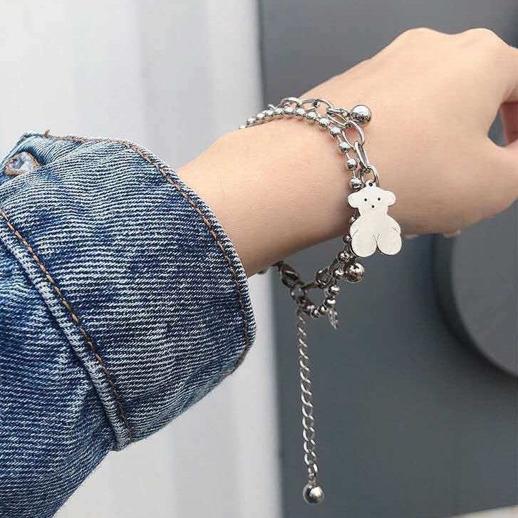 Bộ đôi lắc tay hình con gấu dễ thương, vòng tay dạng xích cá tính