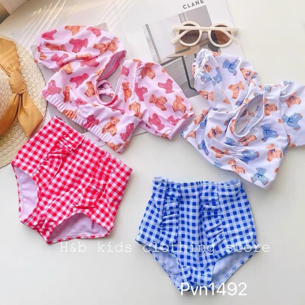 Đồ Bơi Bé Gái| Bikini 2 Mảnh Kèm Mũ Cho Bé