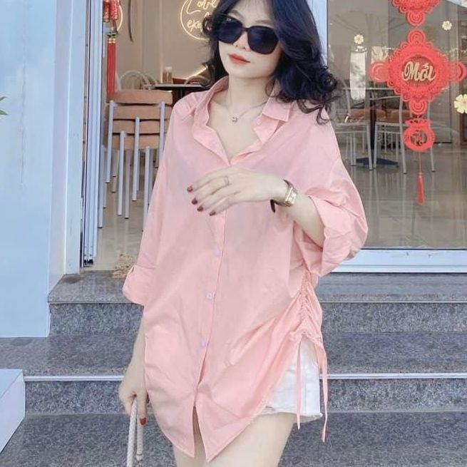 Sét sơ mi thụng hồng rút eo mix , quần sọc đùi kaki giãn bao đẹp , chất sơ mi thô lụa mềm sọc form dưới 62kg tp