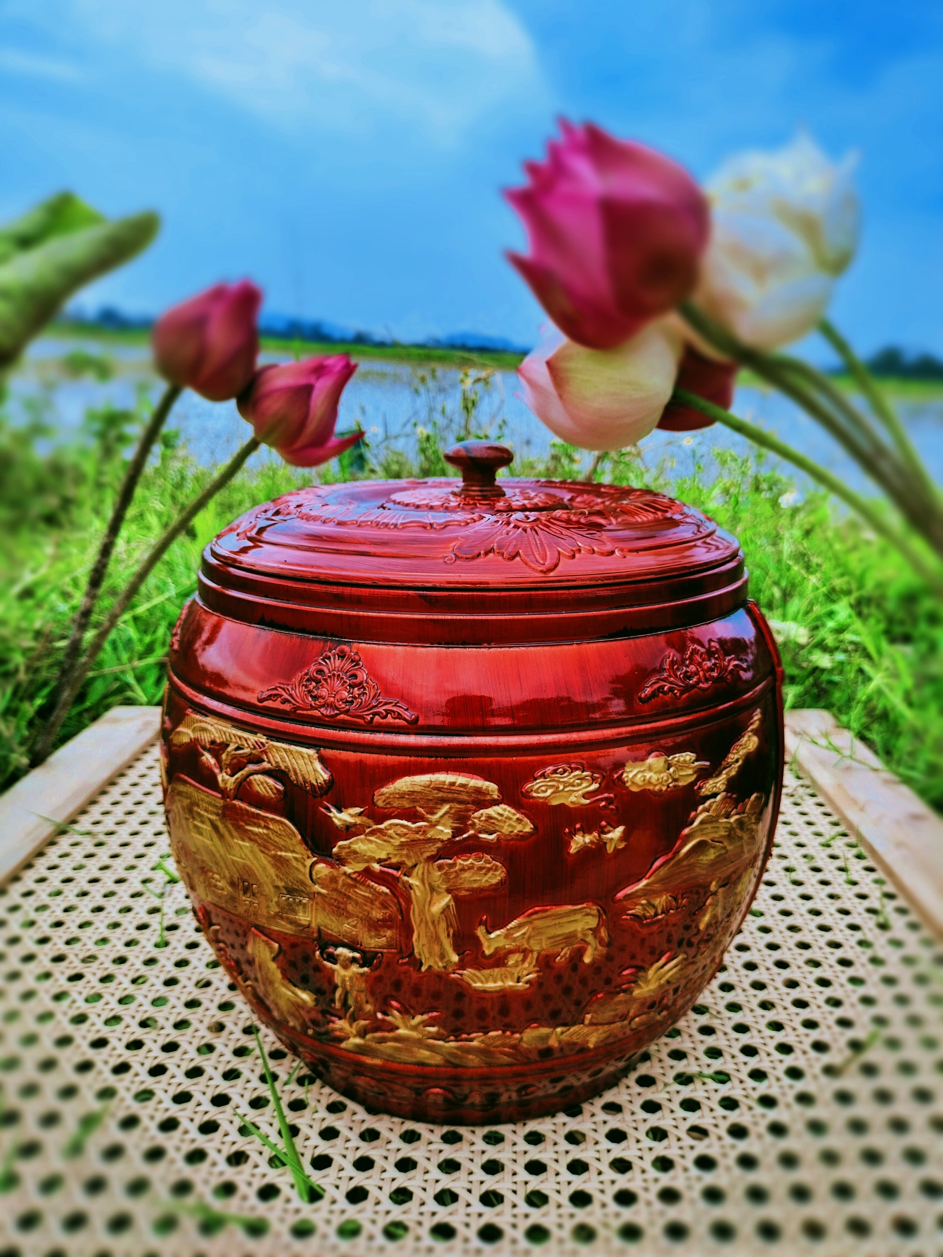 Giỏ ủ ấm tích 1,5L cao cấp . giỏ ủ ấm trà họa tiết đồng quê