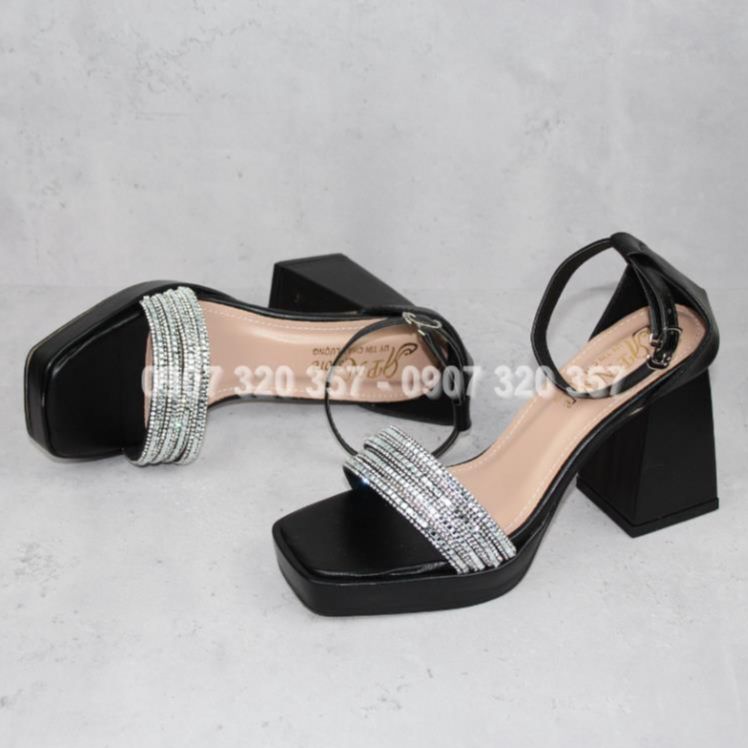 Giày nữ cao gót đúp vuông 9p quai mảnh 4 dây đính đá - SD136
