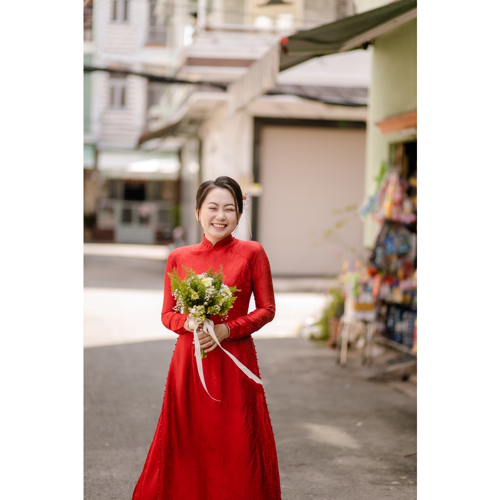 Áo dài cưới [Cam House] chất liệu gấm, đính ngọc trai đỏ