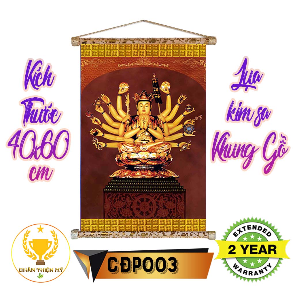 [ Giá gốc tận xưởng] Tranh lụa kim sa Phật Chuẩn đề khung gỗ 40x60cm