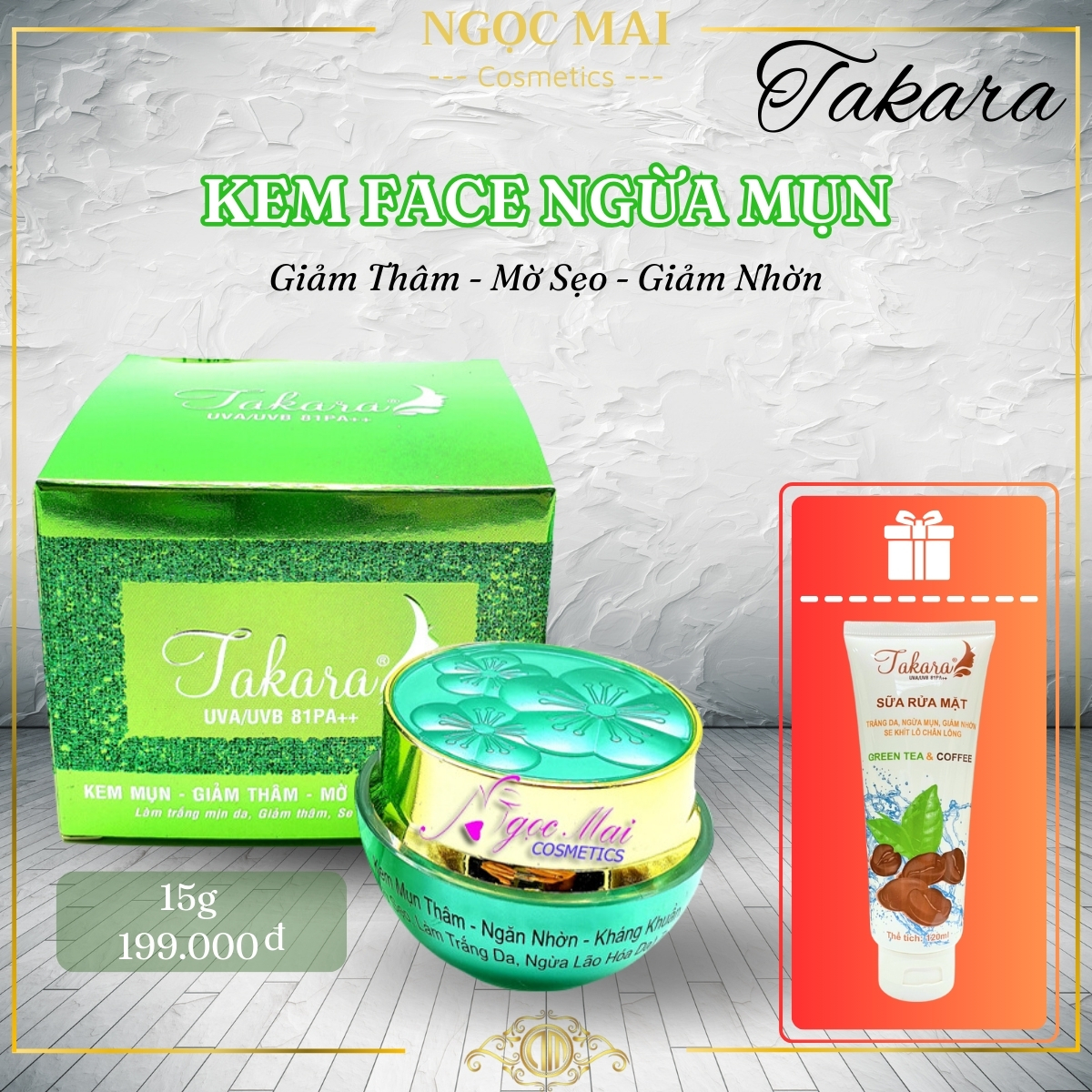 Kem Mụn TAKARA giảm thâm mờ sẹo giảm nhờn 5 in 1 15g + Tặng sữa rửa mặt TAKARA