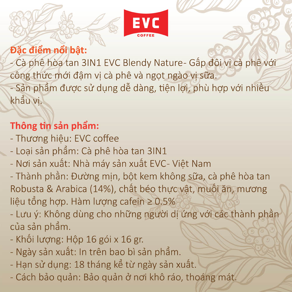 Cà phê hòa tan 3in1 - EVC Blendy Nature - Gấp đôi vị cà phê (16 gói x 16 gram)