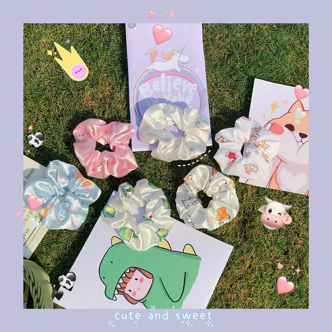 Dây cột tóc vải scrunchies hình thú - hình bò sữa