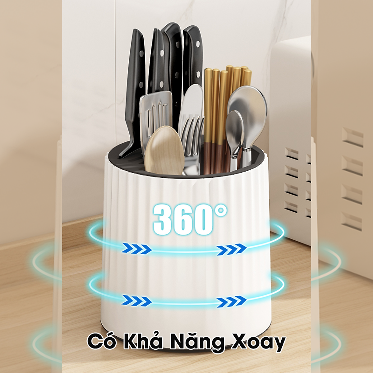 [Chính Hãng]Hộp đựng đũa thìa dao kéo dụng cụ nhà bếp xoay 360 độ có đế thoát nước siêu tiện dụng kệ đựng đồ đa năng
