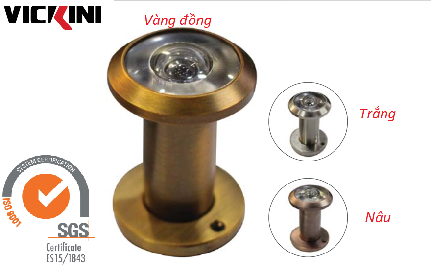 Mắt thần vickini gắn cửa, lỗ nhòm góc rộng 200 độ, màu trắng-vàng- nâu cho cửa dày 3.5-5cm