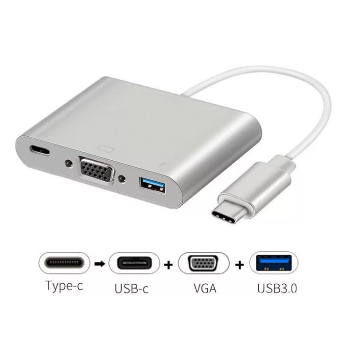 Cáp 3 in 1 chuyển đổi typeC sang VGA/ USB/ TypeC - hỗ trợ chất lượng FullHD (Xám) - Nhất Tín Computer