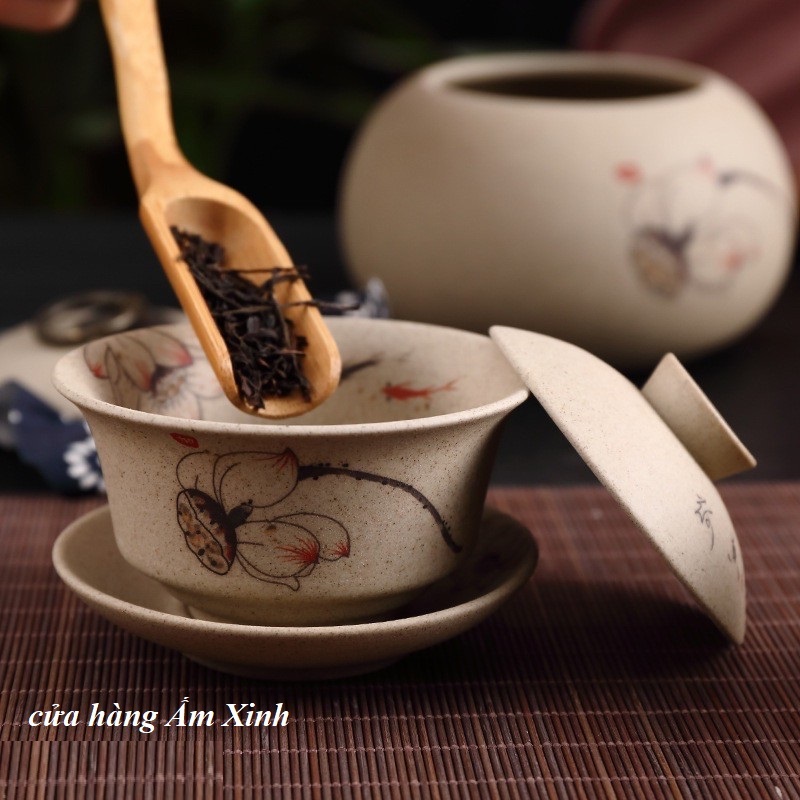 Chén Khải (Tiềm Trà) Hoạ Tiết Sen Gốm Cảnh Đức Cao Cấp