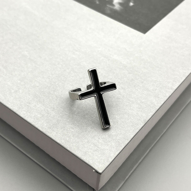 Unisex ring 925 sterling silver plated long cross black ring-chrome heart shop