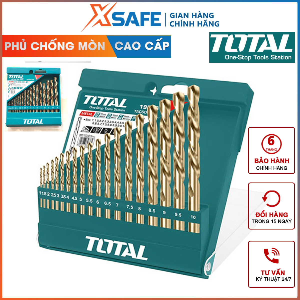 Set 19 drill bit HSS total TACSD0195 combo metal drill bits 19 nose size from 1-10mm, drill bit alloy steel, professional drill metal anti-abrasion, rust