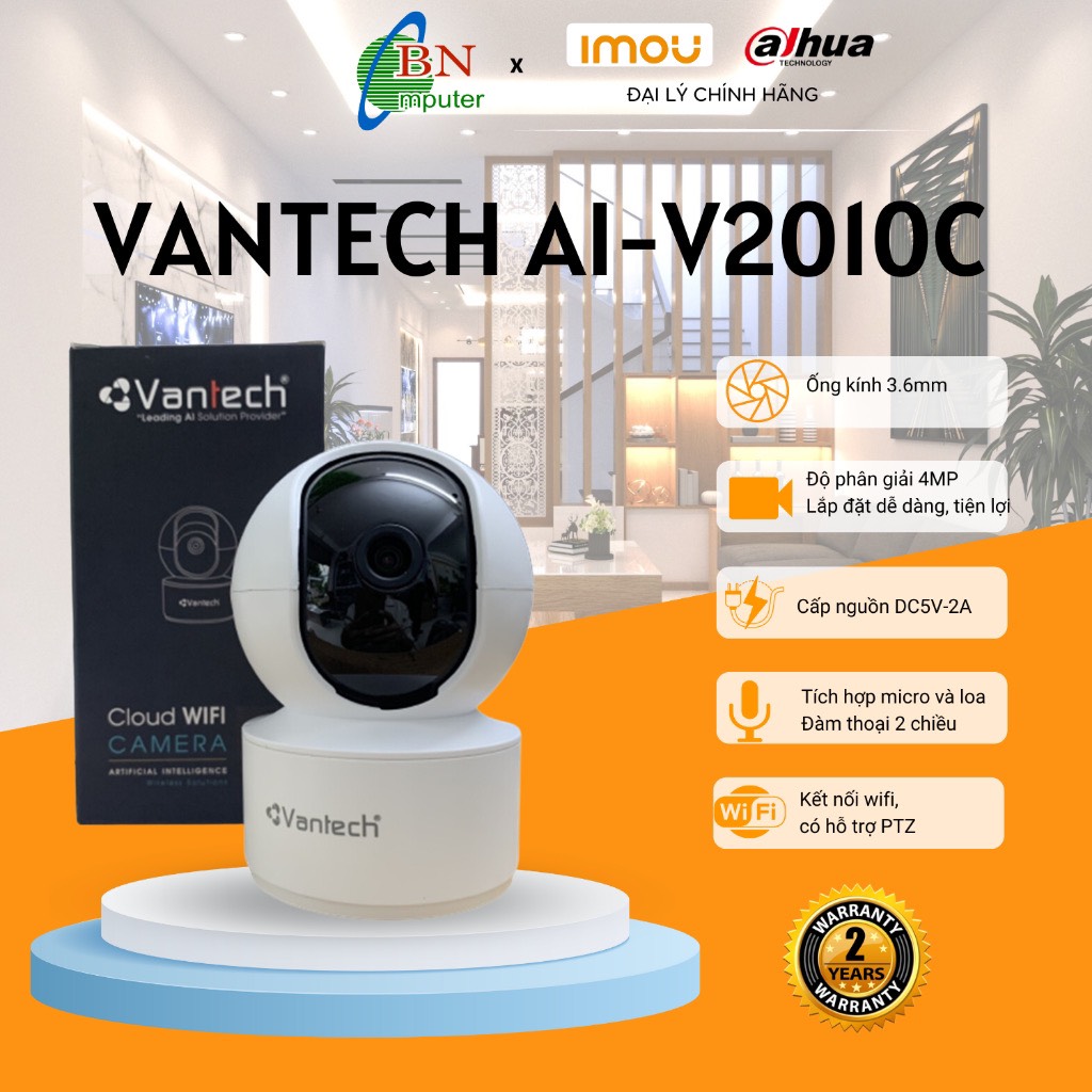 Camera wifi vantech ai-v2010c 4.0mp chuẩn nén h.265 quay quét thông minh
