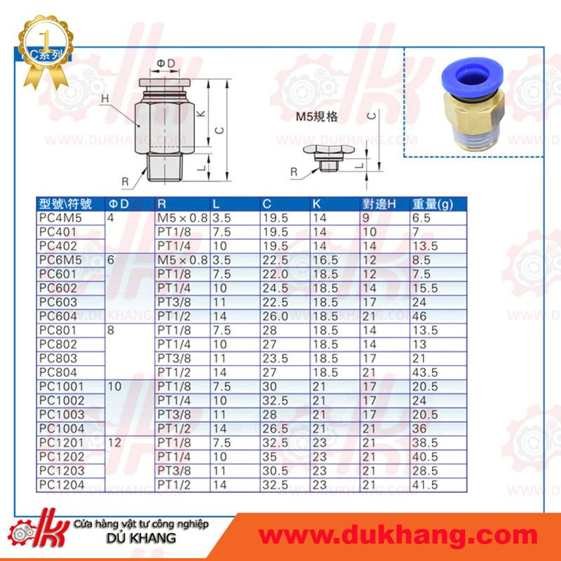 Đầu nối nhanh khí nén PC xanh
