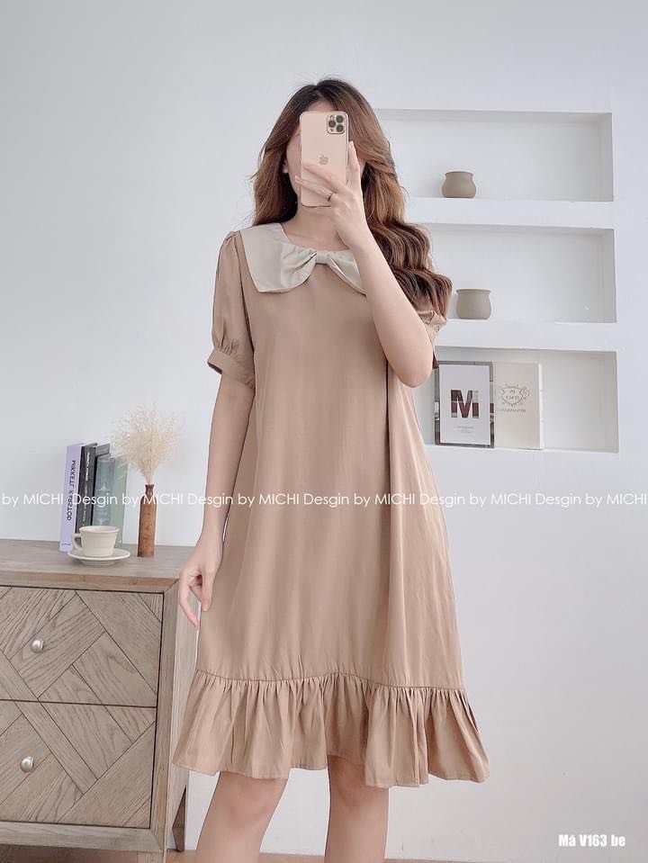 Váy Suông - Đầm Suông Đuôi Cá Phối Cổ Nơ Tay Bồng Chất Đũi Mềm Thích Hợp Đi Chơi Đi Làm