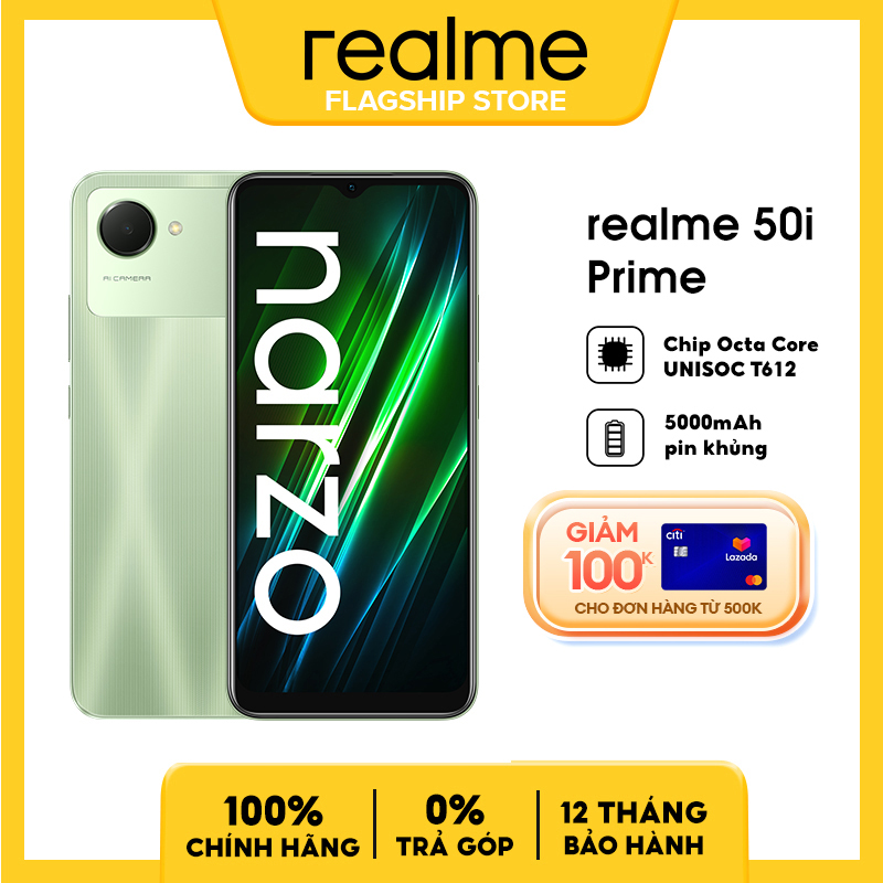 Điện thoại realme Narzo 50i Prime 4G 2022 (3GB/32GB) l Màn hình 6.5 inches l Camera 8MP AI l Pin 5000 mAh + Sạc 10W l 2 khe sim + 1 Micro SD