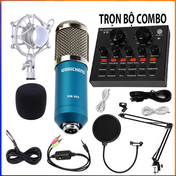 Combo bộ mic thu âm BM900 và Sound Card V8 , dây live stream, giá đỡ, màn lọc âm